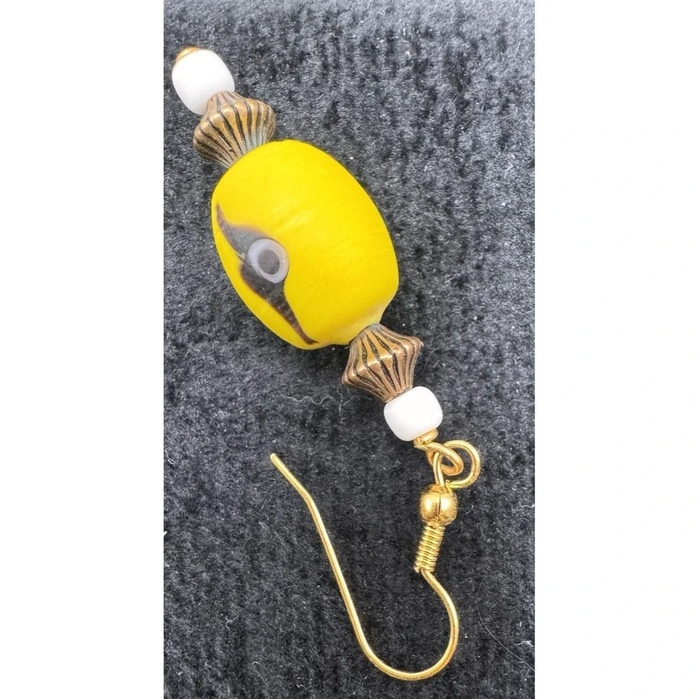 Yellow Glass Bead Dangle Earrings‎ Boho Retro Handmade Vintage
